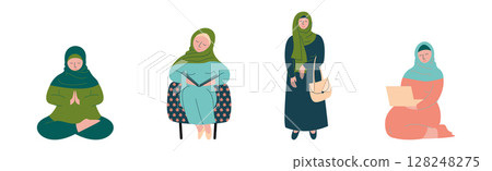 Arabic Muslim Woman Character in Hijab Engaged in Different Activities Vector Set Arabic Muslim Woman Character in Hijab Engaged in Different Activities Vector Set 128248275