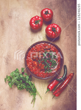 Chashushuli, a traditional Georgian dish, spicy, stewed meat with tomatoes and spices, homemade, no people, Chashushuli, a traditional Georgian dish, spicy, stewed meat with tomatoes and spices, homemade, no people, 128248285