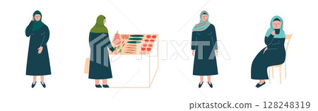 Arabic Muslim Woman Character in Hijab Engaged in Different Activities Vector Set Arabic Muslim Woman Character in Hijab Engaged in Different Activities Vector Set 128248319