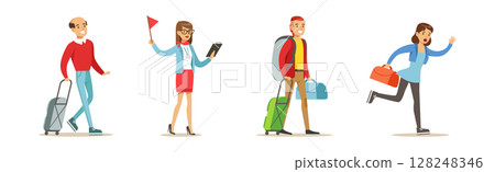 People Tourist and Traveler Character Have Excursion Trip Vector Set 128248346