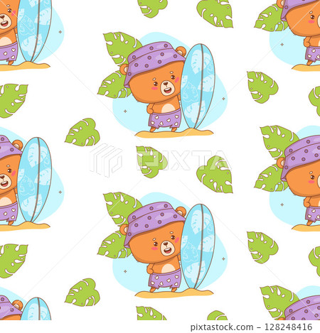 Seamless summer pattern with Cute bear surfer on white background with tropical leaves. Funny Beach kawaii Animal character. Vector illustration. Kids collection Seamless summer pattern with Cute bear surfer on white background with tropical leaves. Funny Beach kawaii Animal character. Vector illustration. Kids collection 128248416