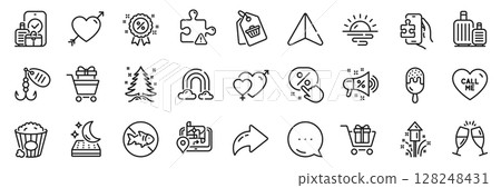 Sale tag, Ice cream and Puzzle line icons pack. Share, Message, Paper plane icons. Discount button, Fireworks, Rainbow web icon. Gps, Sale megaphone, Discount pictogram. Vector 128248431