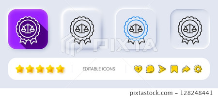 Justice scales line icon. Neumorphic, Flat shadow, 3d buttons. Judgement award sign. Legal law symbol. Line justice scales icon. Social media icons. Vector 128248441