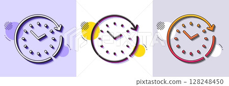Time change line icon. Halftone dotted pattern. Gradient icon with grain shadow. Clock sign. Watch symbol. Line time change icon. Various designs. Vector 128248450