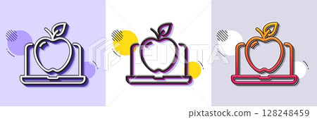 Laptop line icon. Halftone dotted pattern. Gradient icon with grain shadow. Notebook with apple fruit sign. Online diet menu symbol. Line laptop icon. Various designs. Vector Laptop line icon. Halftone dotted pattern. Gradient icon with grain shadow. Notebook with apple fruit sign. Online diet menu symbol. Line laptop icon. Various designs. Vector 128248459