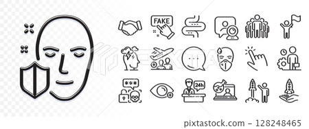 Crowdfunding, Face protection and Reception desk line icons for web app. Glare of light effect. Message icon. Pack of Passenger, Video conference, Fake information pictogram icons. Vector 128248465