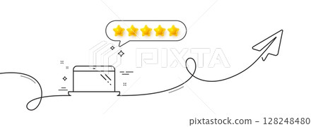 Laptop line icon. Continuous line with share plane. Mobile computer device sign. Five star rate review in speech bubble. Laptop single line ribbon. Loop curve pattern. Vector Laptop line icon. Continuous line with share plane. Mobile computer device sign. Five star rate review in speech bubble. Laptop single line ribbon. Loop curve pattern. Vector 128248480