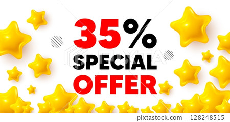 Discount winner banner with 3d stars. Golden stars banner. 35 percent discount offer tag. Sale price promo sign. Special offer symbol. Review rate background. Vector Discount winner banner with 3d stars. Golden stars banner. 35 percent discount offer tag. Sale price promo sign. Special offer symbol. Review rate background. Vector 128248515