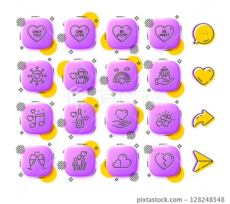 Care, Lgbt and Love music line icons. App 3d buttons. Social media comment, share, like icons. Pack of One love, Be good, Hold heart icon. Inclusion, Champagne glasses, Be sweet pictogram. Vector Care, Lgbt and Love music line icons. App 3d buttons. Social media comment, share, like icons. Pack of One love, Be good, Hold heart icon. Inclusion, Champagne glasses, Be sweet pictogram. Vector 128248548
