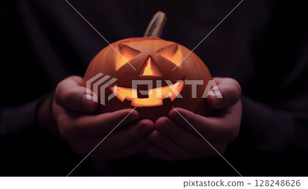 Glowing pumpkin Jack-o-lantern in hands for Halloween 128248626