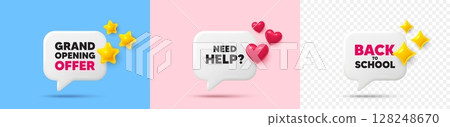 Need help chat speech bubble. 3d stars, sparkles, hearts chat bubbles. Need help tag. Support service sign. Faq information symbol. Final sale, Back to school tag. Vector 128248670