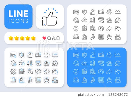 Sunscreen, Ph neutral and Fake information line icons for web app. Message, Share, Like social media icons. Pack of Instruction info, Timer, Medical tablet pictogram icons. Vector 128248672