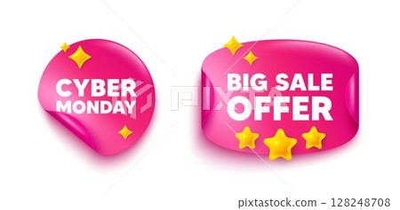Cyber monday sticker tag. Big offer paper price banner. Cyber Monday Sale tag. Special offer price sign. Advertising Discounts symbol. Discount sticker with 3d stars. Vector 128248708