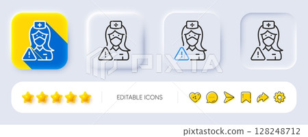 Nurse with medical mask line icon. Neumorphic, Flat shadow, 3d buttons. Doctor assistant sign. Face protection symbol. Line nurse icon. Social media icons. Vector 128248712
