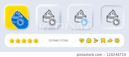 Sun face cream line icon. Neumorphic, Flat shadow, 3d buttons. Skin care sign. Cosmetic lotion symbol. Line sun cream icon. Social media icons. Vector 128248719