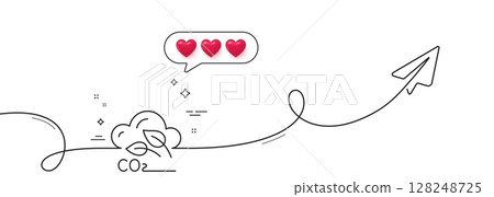 Co2 gas line icon. Continuous line with share plane. Carbon dioxide emissions sign. Exhaust reduction symbol. Hearts rate review in speech bubble. Co2 gas single line ribbon. Vector 128248725