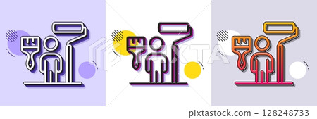 Painter line icon. Halftone dotted pattern. Gradient icon with grain shadow. Paint brush roller sign. Professional artist symbol. Line painter icon. Various designs. Vector 128248733
