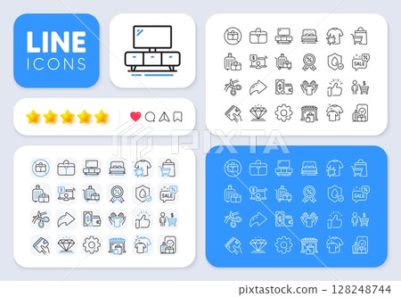 Clean t-shirt, Carry-on baggage and Buyer line icons for web app. Message, Share, Like social media icons. Pack of Bed, Wallet, Hold t-shirt pictogram icons. Vector Clean t-shirt, Carry-on baggage and Buyer line icons for web app. Message, Share, Like social media icons. Pack of Bed, Wallet, Hold t-shirt pictogram icons. Vector 128248744