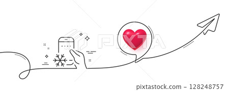 Refrigerator app line icon. Continuous line with share plane. Fridge mobile application sign. Remote control symbol. 3d heart in speech bubble. Refrigerator app single line ribbon. Vector 128248757