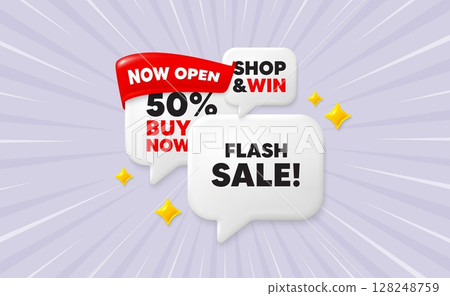Flash sale speech bubbles. Now open flag ribbon. Flash Sale tag. Special offer price sign. Advertising Discounts symbol. Discount chat bubbles with 3d sparkles. Vector 128248759