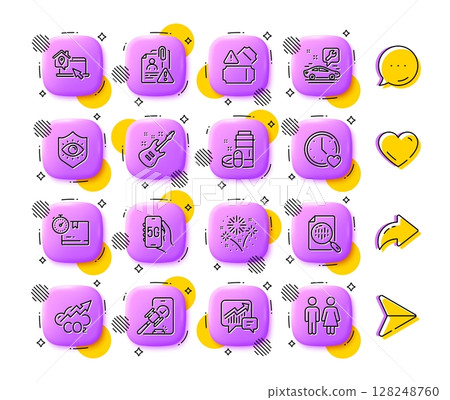 Cardboard box, Analytics chart and Electric guitar line icons. App 3d buttons. Social media comment, share, like icons. Pack of Eye protection, Tickets, Work home icon. Vector 128248760