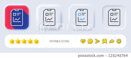Report Document line icon. Neumorphic, Flat shadow, 3d buttons. Analysis and Statistics File sign. Paper page concept symbol. Line report document icon. Social media icons. Vector 128248764
