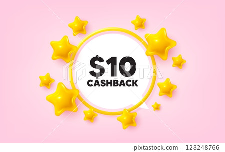 Cashback frame banner. Speech bubble offer. 10 Usd cashback. Money back offer sign. Cash back promo symbol. 3d stars glitter tag. Golden frame banner. Vector 128248766