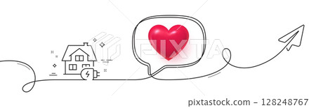 Home charging line icon. Continuous line with share plane. House car charger sign. Electric power symbol. 3d heart in speech bubble. Home charging single line ribbon. Loop curve pattern. Vector 128248767