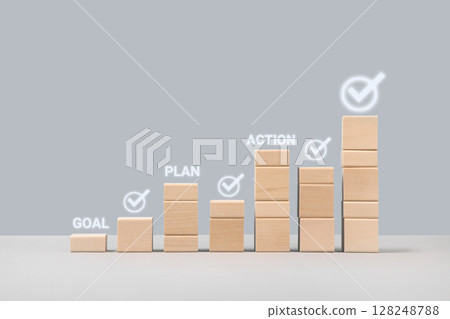 Plan, goal and action to achieve success. Wooden blocks in form of graphical steps up of business growth process, start-up, business goals management, sustainable financial plan. Plan, goal and action to achieve success. Wooden blocks in form of graphical steps up of business growth process, start-up, business goals management, sustainable financial plan. 128248788