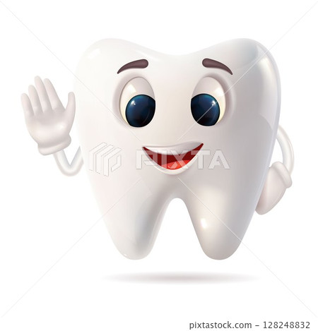 A cheerful cartoon tooth with a smile and blue eyes waves happily A cheerful cartoon tooth with a smile and blue eyes waves happily 128248832
