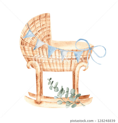 Baby Boy cradle from rattan with Bunting Party blue Flags and eucalyptus bouquet in Vintage style isolated on a white background. Hand drawn Watercolor Crib illustration in eco style. Children's 128248839