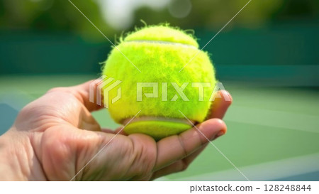 A tennis player holds a green tennis ball in his hand, on the background of a tennis court, outdoor lawn tennis 128248844