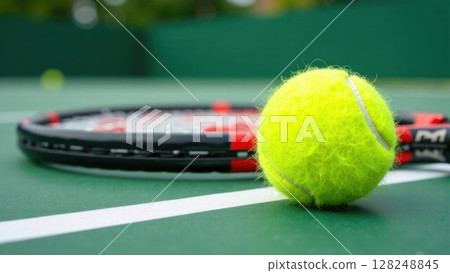 Green tennis ball and rackets on outdoor grass court, ready for play. Complete lawn tennis equipment setup in natural sunlight for sports photography 128248845