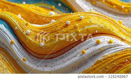 Vibrant yellow, red, and white creamy waves flow together, accented by suspended golden and white pearl-like droplets in a smooth, glossy texture 128248867
