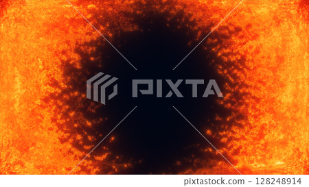 Abstract fiery digital frame with glowing orange particles forming a dynamic, energetic border around a dark center 128248914