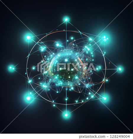 Atom with rotating electrons, energy and matter concept background 128249004