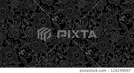 Seamless black and white floral pattern with delicate line art flowers and leaves. Great for fabric design, adult coloring pages, wallpapers, branding, and elegant packaging. Seamless black and white floral pattern with delicate line art flowers and leaves. Great for fabric design, adult coloring pages, wallpapers, branding, and elegant packaging. 128249097