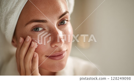 Woman Applying Beauty Cream in Bathroom Close-Up Woman Applying Beauty Cream in Bathroom Close-Up 128249098