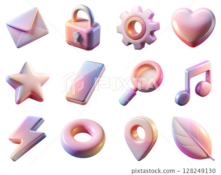 3d icon set with glossy gradient finish, modern ui elements, shiny design, minimalist aesthetic, app interface icons, digital assets for web and mobile 128249130