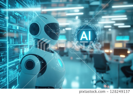 White humanoid robot stands on blurred modern office background 128249137