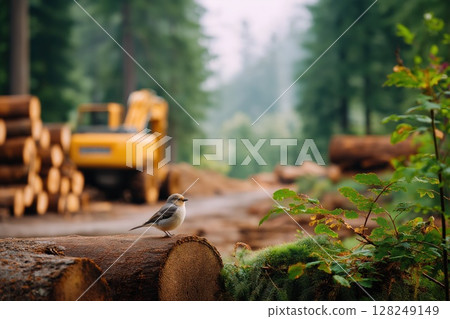 Bird perching on tree log in deforested area, with an excavator and cut logs in background 128249149