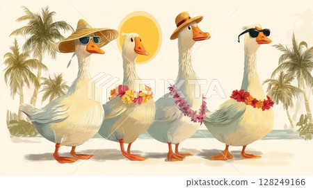 Four cartoon cute geese, adorned with sunglasses, hats and colorful flower garlands  128249166