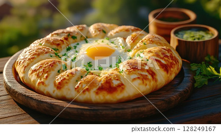 Freshly baked khachapuri, bread filled with cheese, butter and raw egg, resting on wooden platter  128249167