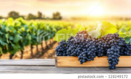 Black grapes cascading from wooden crate with lush vineyard rows bathed in warm sunset glow 128249172
