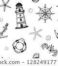 Seamless pattern with elements such as ship wheel, crab, starfish, anchor, lifebuoy. The detailed hand drawn black and white vector illustrations evoke a coastal charm perfect for fabric wallpaper. 128249177