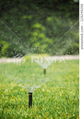 Automatic sprinkler watering a green lawn with visible water spray and droplets, part of an irrigation system in a landscaped garden Automatic sprinkler watering a green lawn with visible water spray and droplets, part of an irrigation system in a landscaped garden 128249208