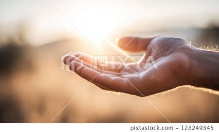 Open Hand Reaching Towards Bright Sunlight With Warm Defocused Background 128249345
