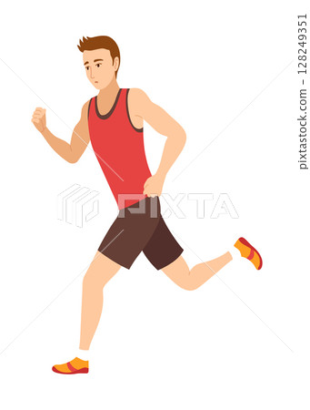 Marathon race. Man running to finish line. Active lifestyle and sports. Athlete in tournament or championship. Running competitions concept Marathon race. Man running to finish line. Active lifestyle and sports. Athlete in tournament or championship. Running competitions concept 128249351