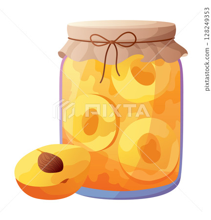 Jam jar with slice of apricot. Homemade berries and fruit jam, natural organic product. Breakfast food, sweet fruit dessert vector illustration. Winter pot on white background Jam jar with slice of apricot. Homemade berries and fruit jam, natural organic product. Breakfast food, sweet fruit dessert vector illustration. Winter pot on white background 128249353