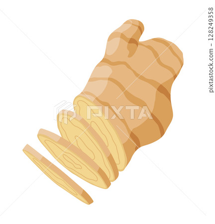 Ginger root. Aromatic herbal spice. Food ingredient, natural herb plant, sliced. Fresh and raw vegetable in cartoon flat style. Vector illustration isolated on white background 128249358